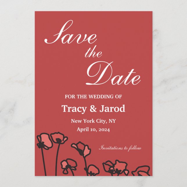Convite de Casamento Floral Salve a Data Vermelho  (Frente)