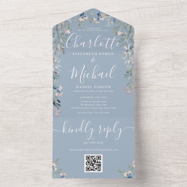 Convite de Casamento Floral Script QR Code Azul Em (Inside)