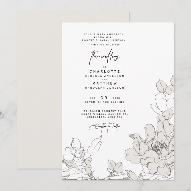 Convite de Casamento Floral Simples Desenhado à Lá (Frente/Verso)