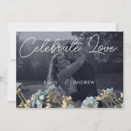 Convite de Casamento Floral Simples Moderno Azul-M