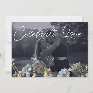 Convite de Casamento Floral Simples Moderno Azul-M