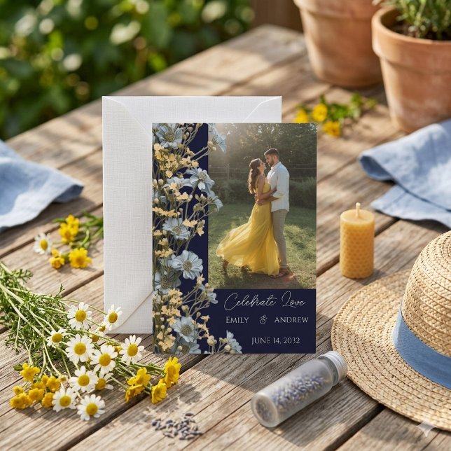 Convite de Casamento Floral Simples Moderno Azul M (Criador carregado)