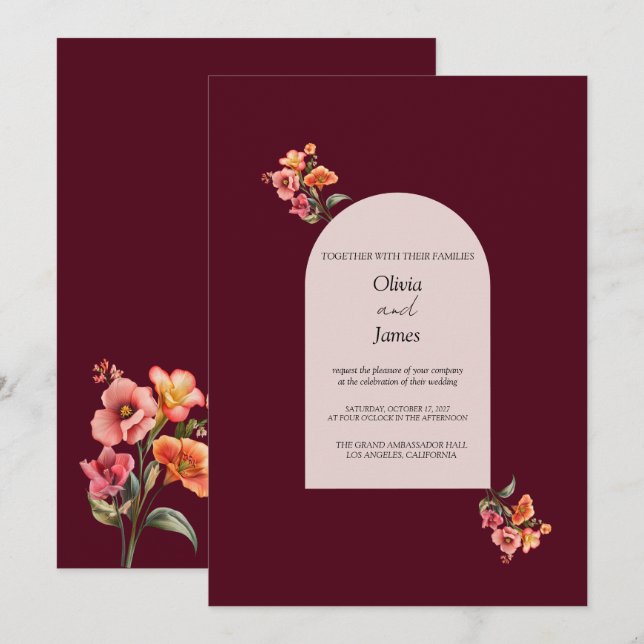 Convite de Casamento Floral Sombrio com Arco Borgo (Frente/Verso)