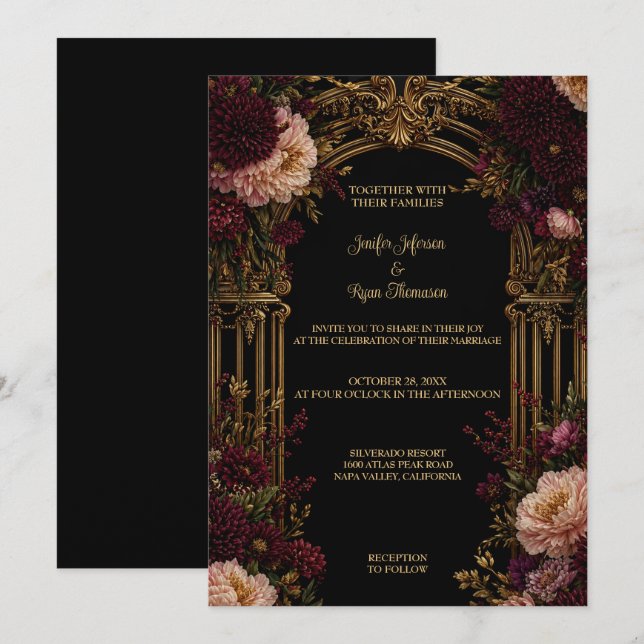 Convite de Casamento Floral Sombrio Gótico de Hall (Frente/Verso)