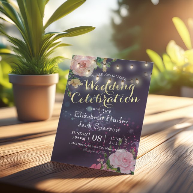 Convite de casamento Floral String Luz Roxo Sparkl (Criador carregado)