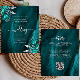 Convite de Casamento Floral Teal Prata com Código 