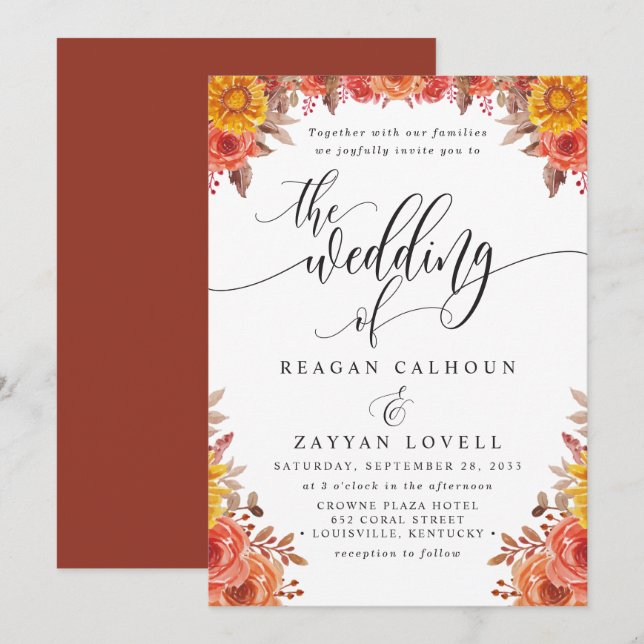 Convite de Casamento Floral Terracota Outono Rústi (Frente/Verso)
