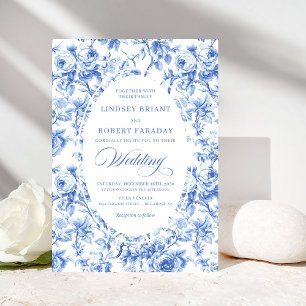 Convite de Casamento Floral Toile de Jouy Azul Poe