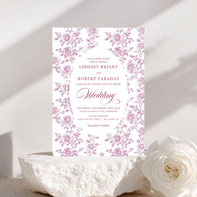 Convite de Casamento Floral Toile de Rosa Dourada  (Romantic Rose Gold Floral Toile Wedding Invitation)