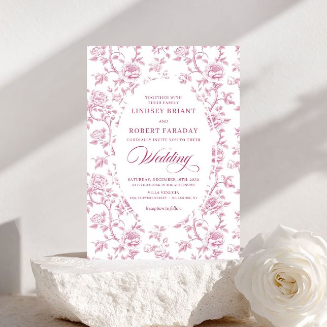 Convite de Casamento Floral Toile Dusty Rose Vinta (Vintage Dusty Rose Toile Floral Wedding Invitation)