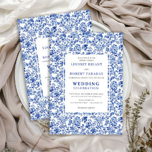 Convite de Casamento Floral Toile Francês Azul Rea