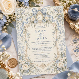 Convite de Casamento Floral Toile Rococó Azul Fran