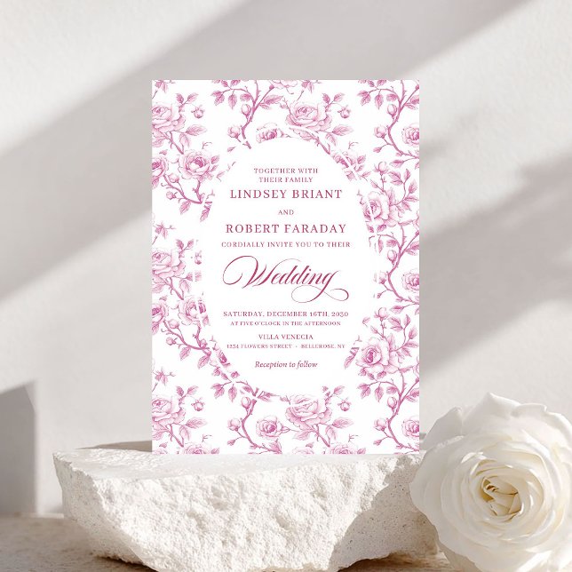 Convite de Casamento Floral Toile Rosa e Branco El (Elegant Pink and White Floral Toile Wedding Invite)