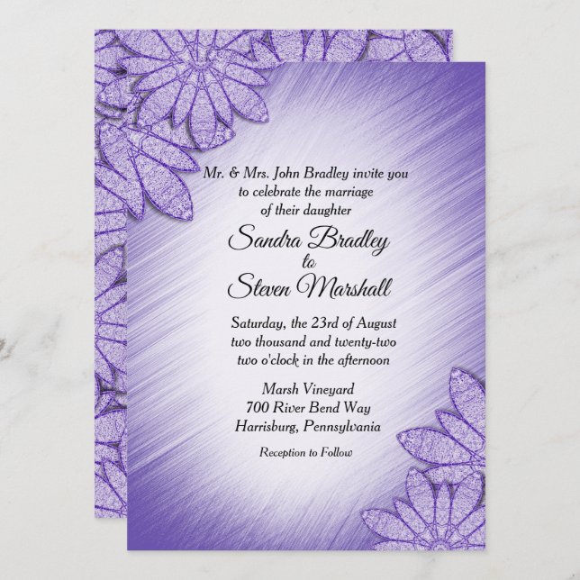 Convite de Casamento Floral Tom Ultra Violeta (Frente/Verso)