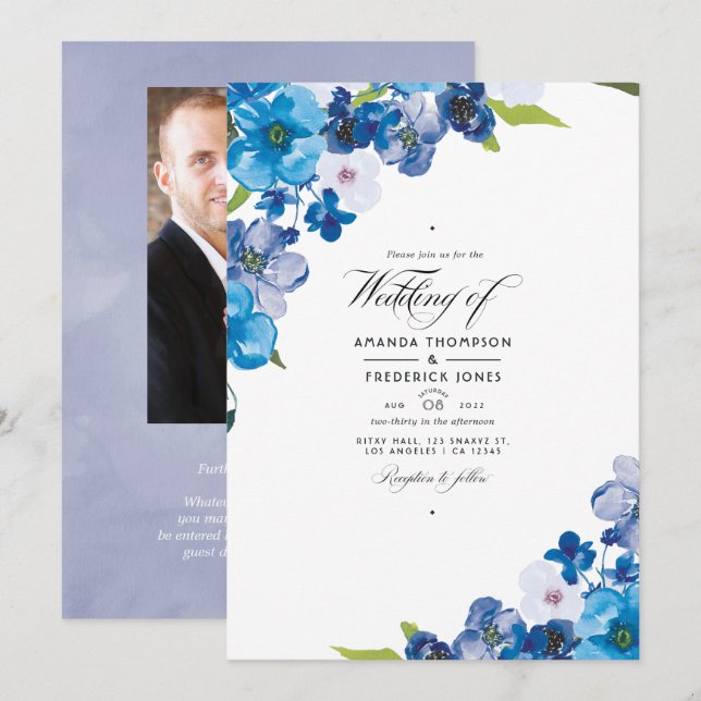 Convite de Casamento Floral Tons de Azul (Frente/Verso)