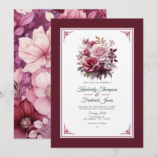 Convite de Casamento Floral Tons de Vinho (Frente/Verso)