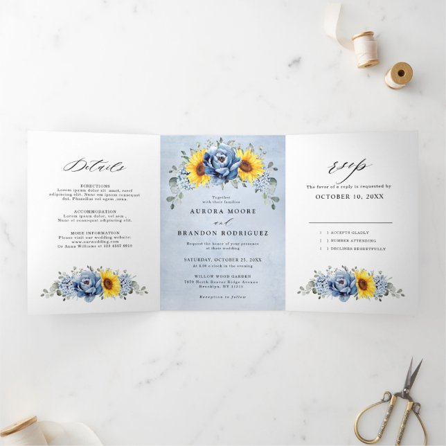 Convite de Casamento Floral Três Girassol Azul Poe (Dentro)