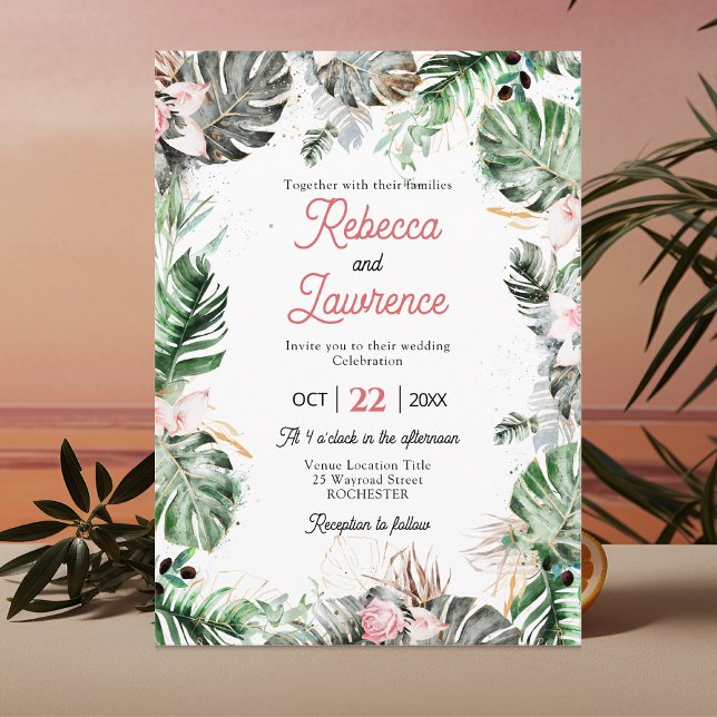 Convite de casamento floral tropical chic com folh (Criador carregado)
