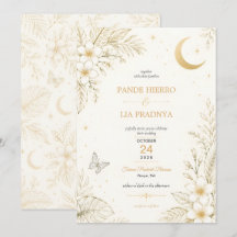 Convite de Casamento Floral Tropical Dourado