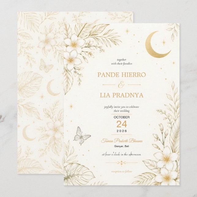 Convite de Casamento Floral Tropical Dourado (Frente/Verso)