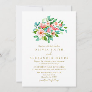 Convite de Casamento Floral Tropical e Dourado