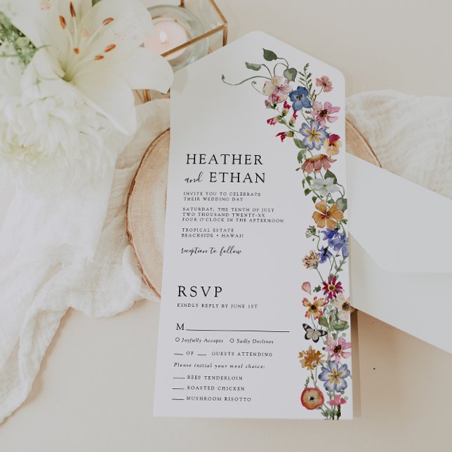 Convite de Casamento Floral Tudo em Um (Colorful Floral All in One Wedding Invite with Butterfly by Painted Paperie
)