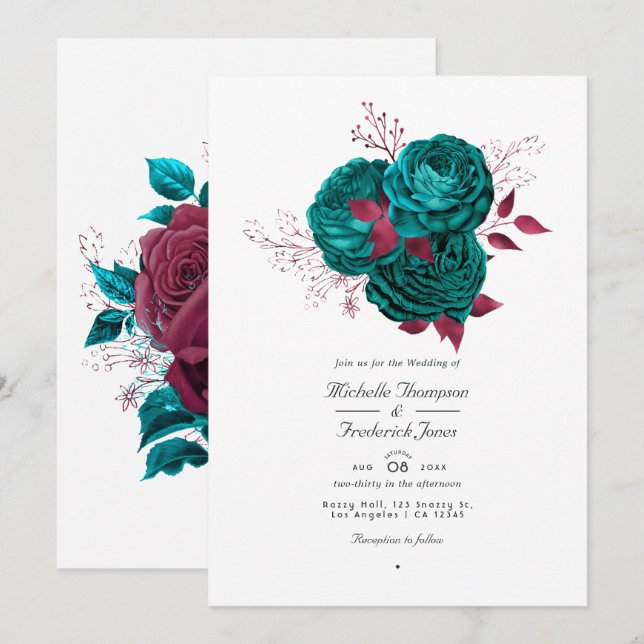 Convite de Casamento Floral Turquesa e Borgonha (Frente/Verso)