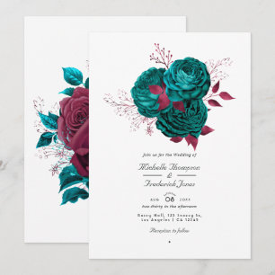 Convite de Casamento Floral Turquesa e Borgonha