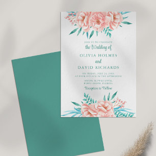 Convite de Casamento Floral Turquesa e Pêssego Boê
