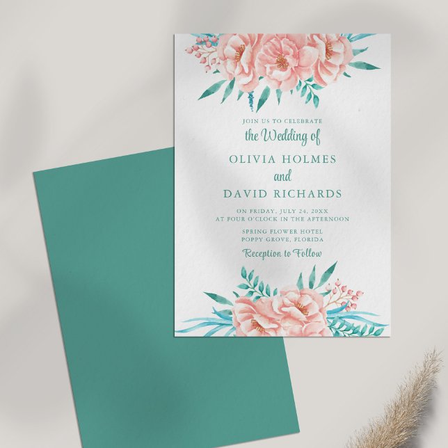 Convite de Casamento Floral Turquesa e Pêssego Boê (Bohemian Peach and Turquoise Floral Wedding Invite on white table.)