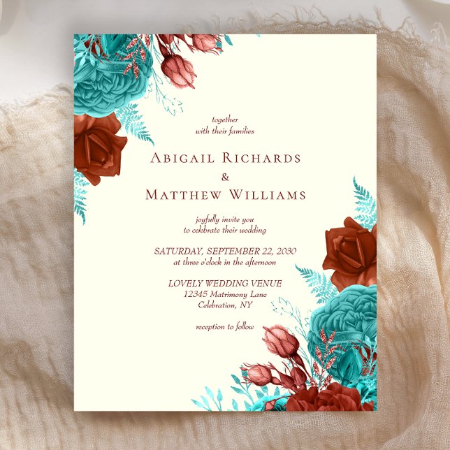 Convite de Casamento Floral Turquesa Orçamento Beg (Criador carregado)