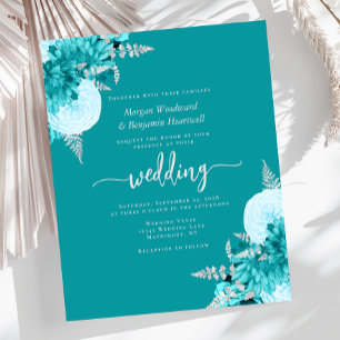 Convite de Casamento Floral Turquesa Prata Econômi