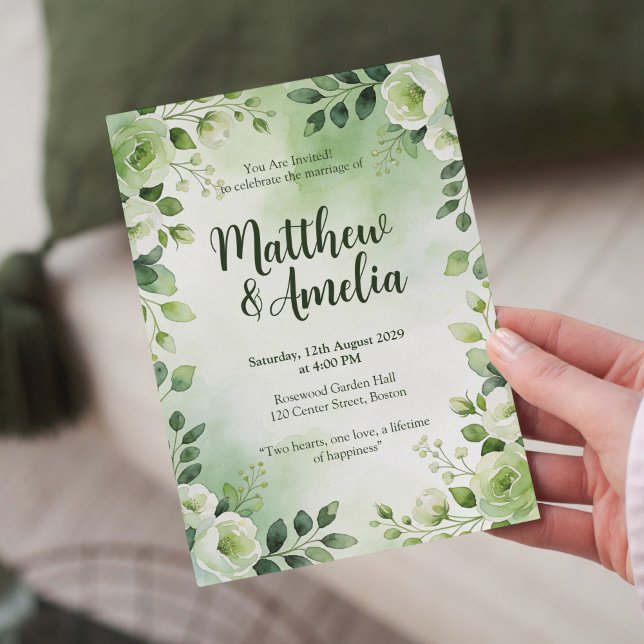 Convite de Casamento Floral Verde Aquarela (Criador carregado)