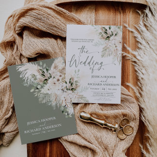 Convite de Casamento Floral Verde Boho Pampas 