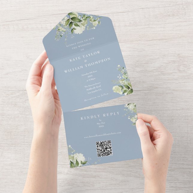 Convite de Casamento Floral Verde Código QR Azul P (Tearaway)