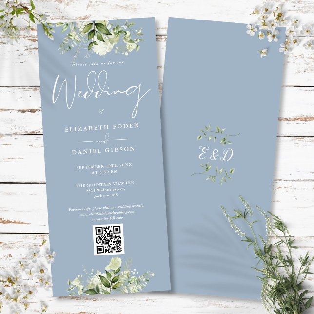 Convite de Casamento Floral Verde com Código QR Az (Greenery Floral Dusty Blue QR Code Wedding Invitation)