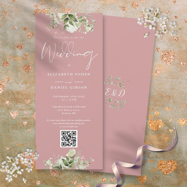 Convite de Casamento Floral Verde com Código QR Ro (Greenery Floral Dusty Rose QR Code Wedding Invitation)