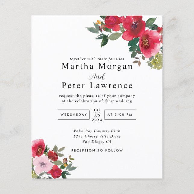 Convite de Casamento Floral Verde com Vermelho e R (Frente)