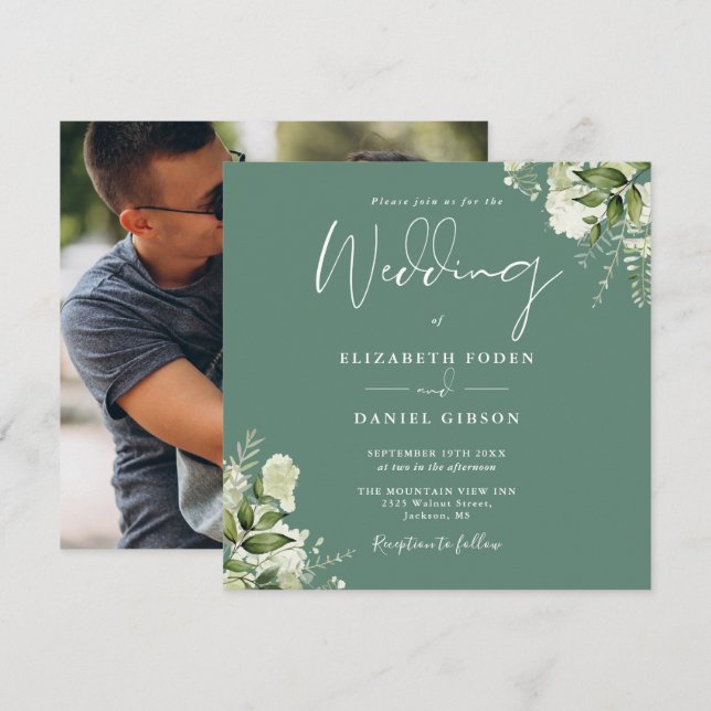 Convite de Casamento Floral Verde de Eucalipto Qua (Frente/Verso)