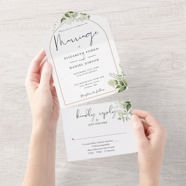 Convite de Casamento Floral Verde Dourado Arco  (Aba destacável)