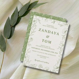 Convite de Casamento Floral Verde e Creme Bordado