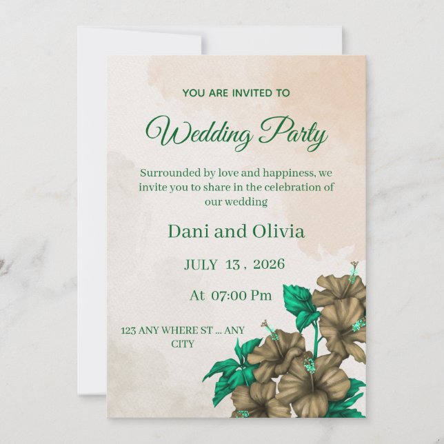 Convite de Casamento Floral Verde Editável para Fe (Frente)