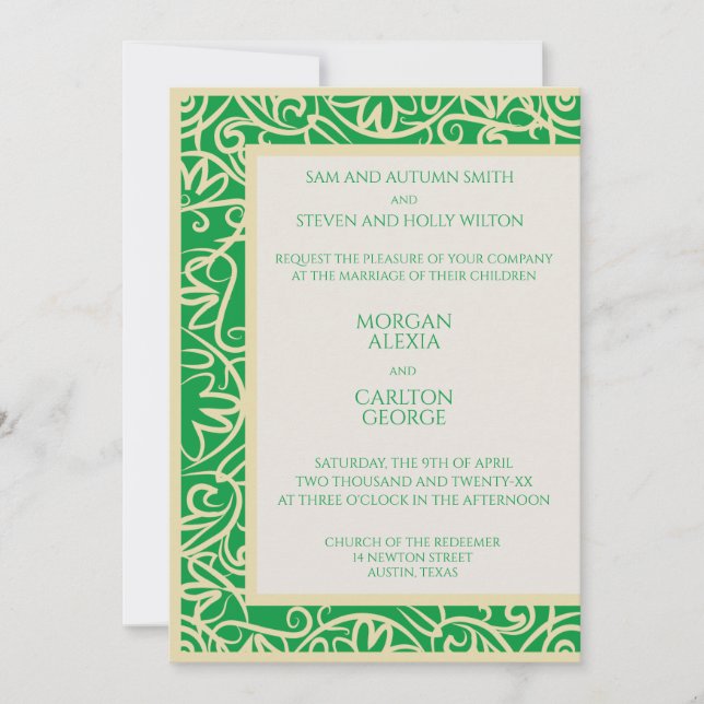 Convite de casamento floral verde elegante de prim (Frente)
