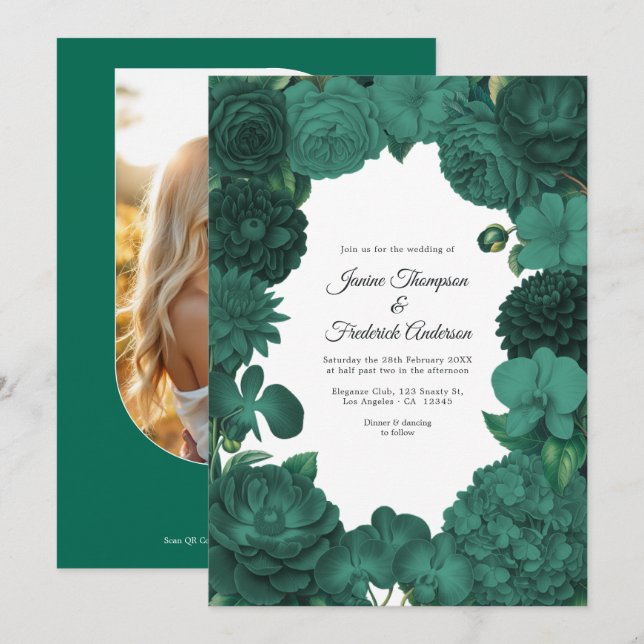 Convite de Casamento Floral Verde Esmeralda com Fo (Frente/Verso)