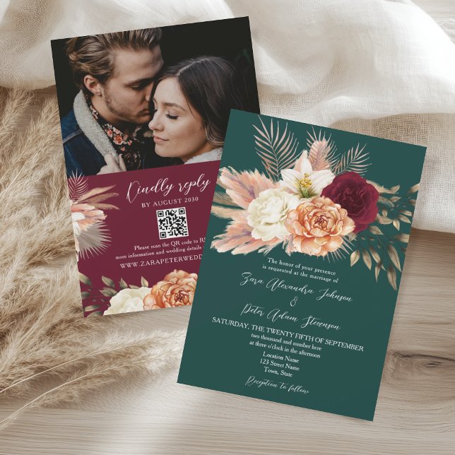 Convite de Casamento Floral Verde Esmeralda com QR (Criador carregado)