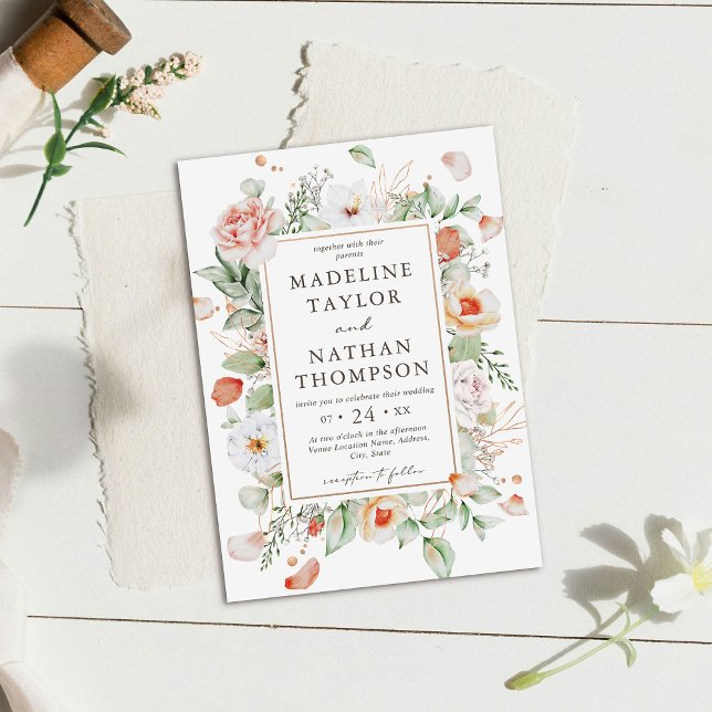 Convite de Casamento Floral Verde Hortelã e Pêsseg (Criador carregado)