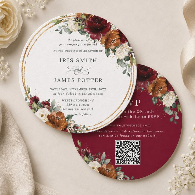 Convite de Casamento Floral Verde Laranja Borgonha (Criador carregado)