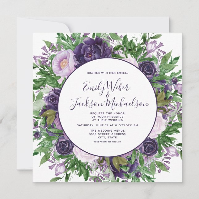 Convite de Casamento Floral Verde Lavanda Roxo Ame (Frente)