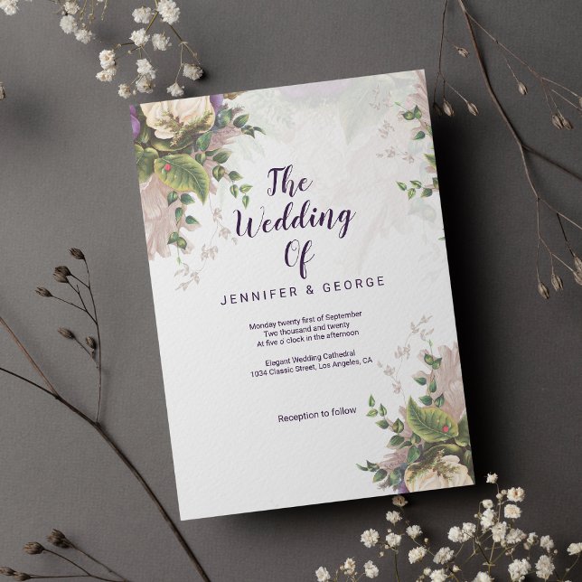 Convite de casamento floral verde lilás roxo marfi (Vintage green purple lilac ivory floral wedding invitation)