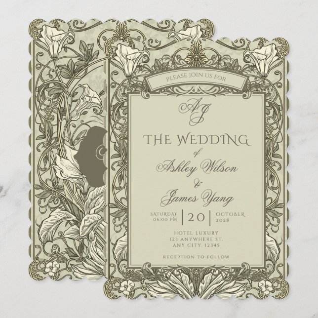 Convite de Casamento Floral Verde Marrom Sage (Frente/Verso)